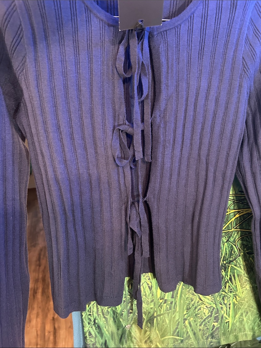 Mystique Boutique Navy Ribbed Tie-Front Long Sleeve Top - Picture 3 of 5